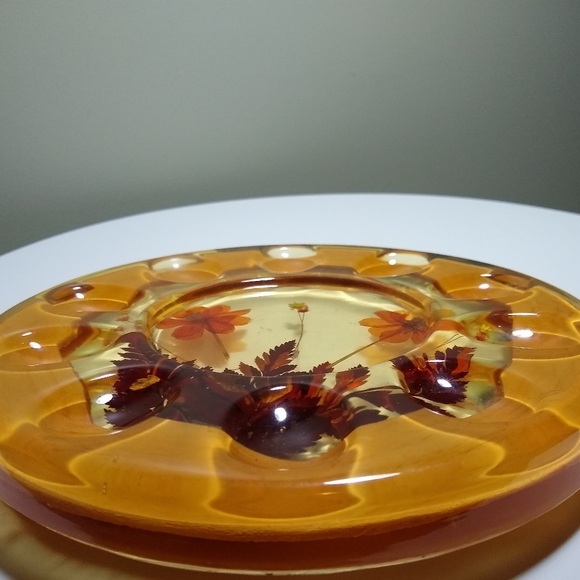 GORGEOUS VTG Acrylic/resin Devill Eggs or Escargot Footed Plate Pressed flowers - Picture 3 of 7